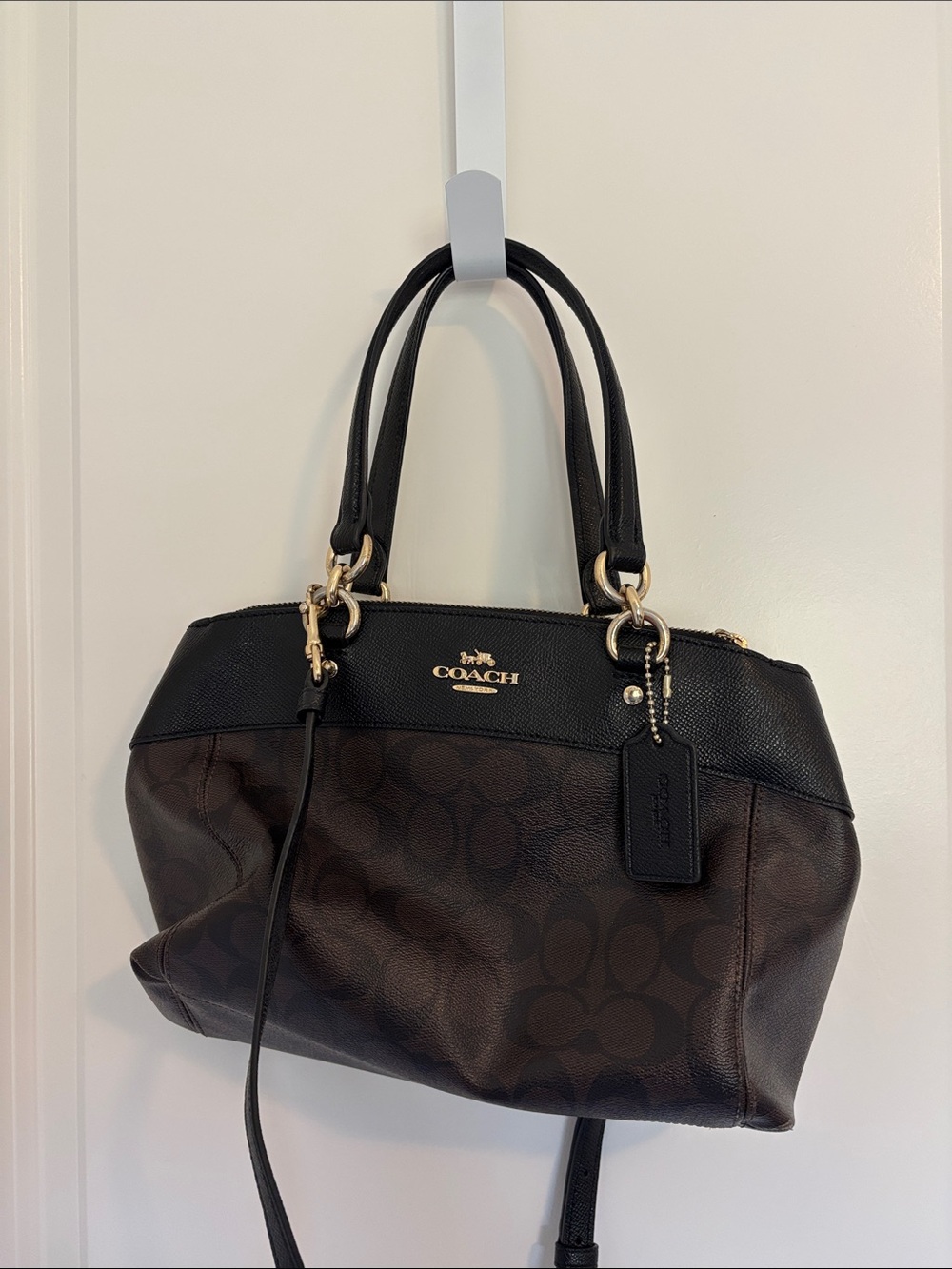 Coach Brown and Black Signature Satchel with Gold Hardware
